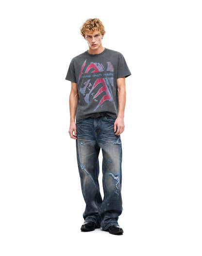 American-style Vintage Washed-and-distressed Print Relaxed-fit Short Sleeve For Men