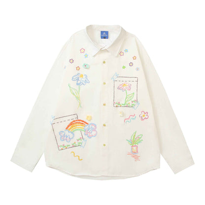 Retro Long Sleeve Graffiti Print Three-Dimensional Small Flower Long Sleeve Shirt For Women | MuddyStock Originals MuddyStock