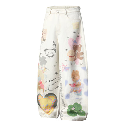 Cartoon Bear Doll Print Denim Wide Leg Jeans For Women | MuddyStock Originals
