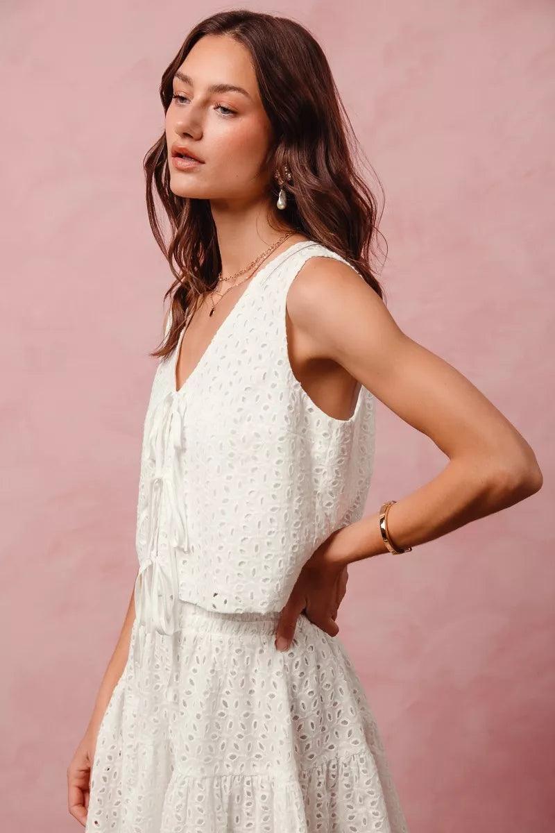 Floral Eyelet Lace Tie Front Vest Top and Tiered Mini Skirt Set