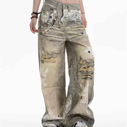 Cross Printed Jeans Women's Wide-leg Pants MuddyStock