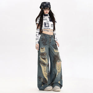 Women's American-style Distressed Wide-leg Jeans Blue All Products