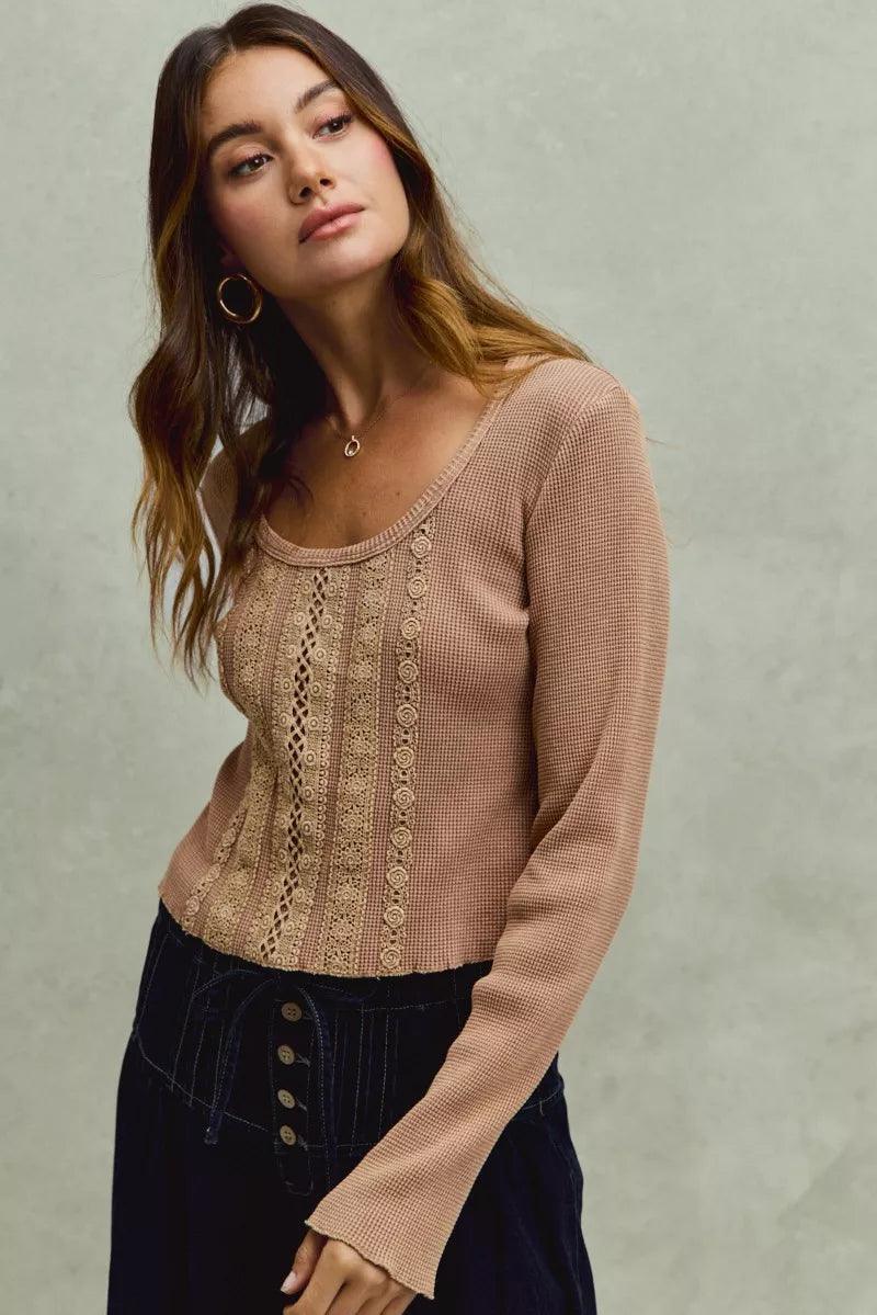 Vintage Washed Lace Crop Thermal Washed Knit Top