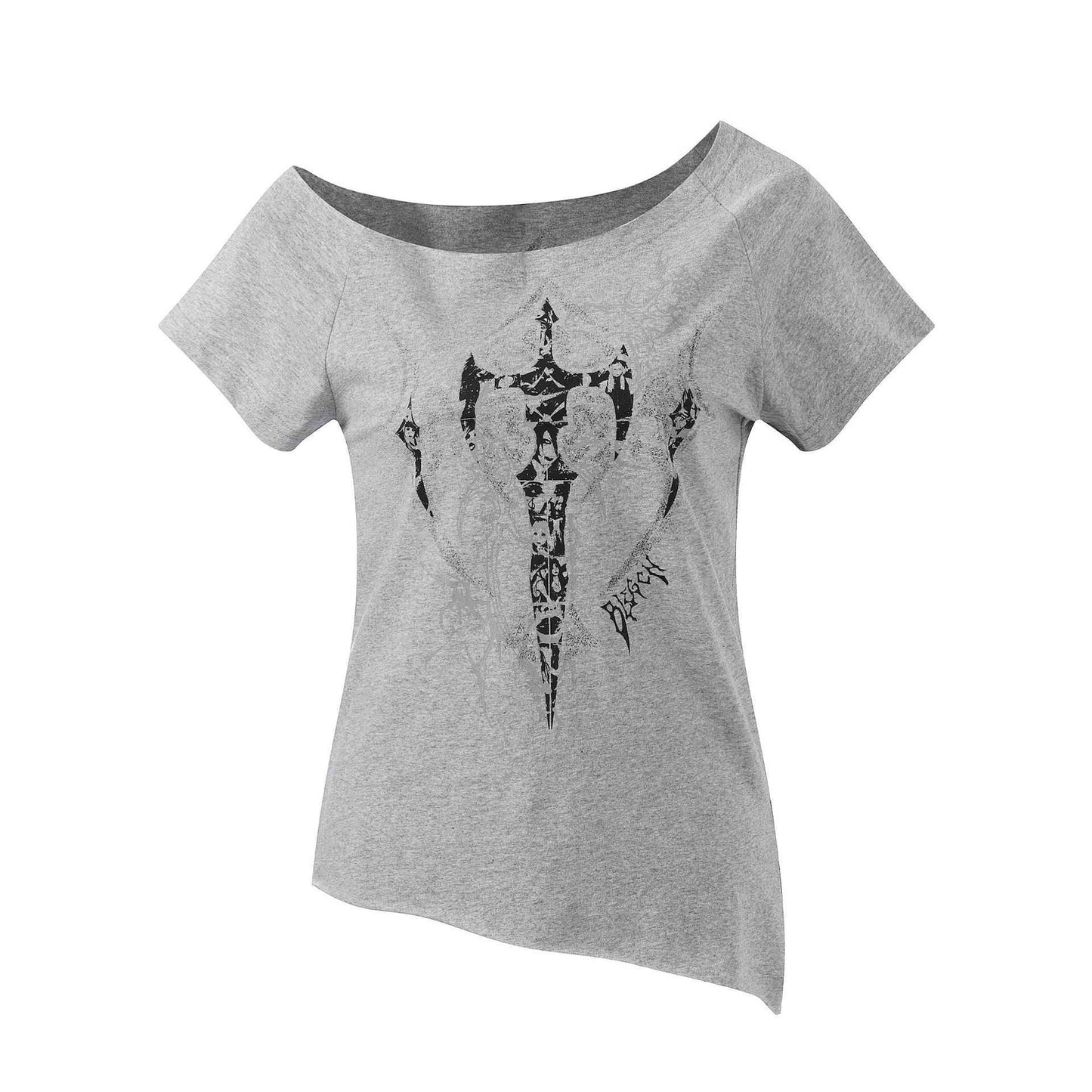 Off-Shoulder Short Sleeve T-Shirt , Cross Print Irregular Pure Seductive Style Fitted Comfortable Top Flower Gray
