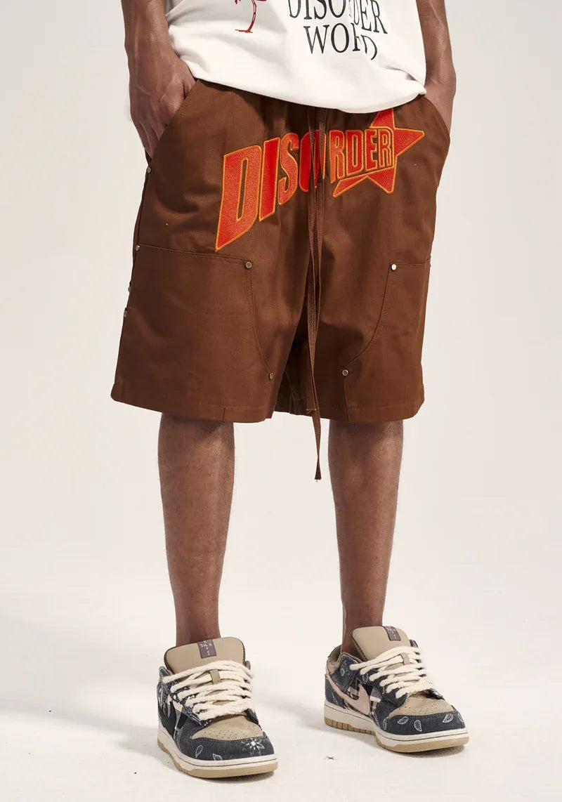 Heavy Industry Slogan Embroidered Street Loose Casual Shorts For Men MuddyStock