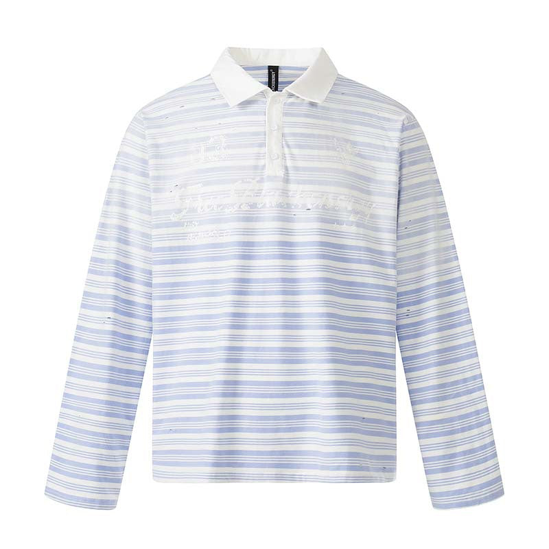 Letter printed gradient striped long sleeved polo shirt