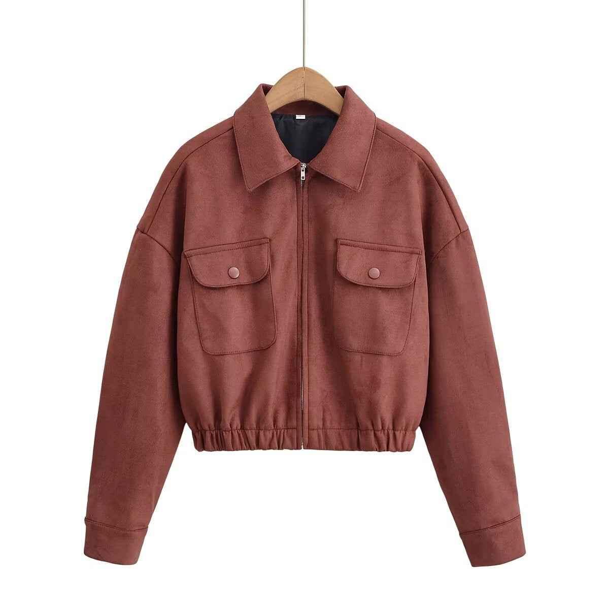 Flip collar pocket hem loose suede jacket for women | MuddyStock Originals Brick Red