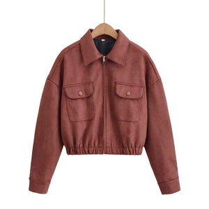 Flip collar pocket hem loose suede jacket for women | MuddyStock Originals Brick Red