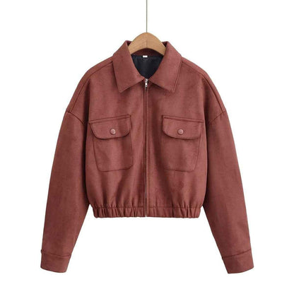 Flip collar pocket hem loose suede jacket for women | MuddyStock Originals Brick Red