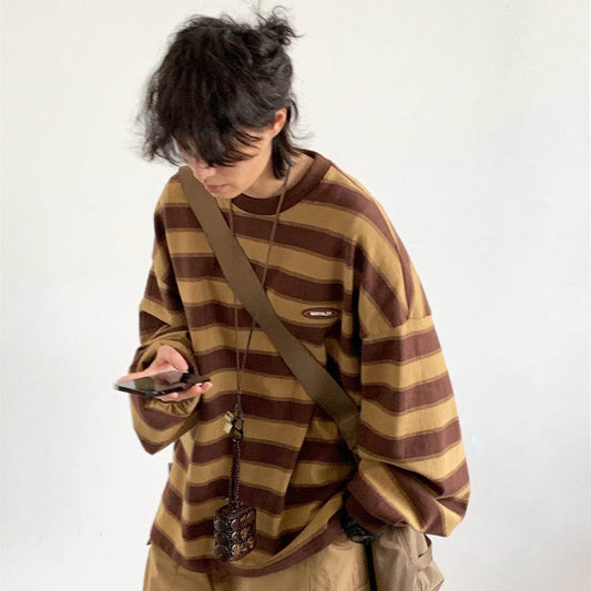 Japanese-style Retro Striped Long Sleeve T-shirt Loose Khaki Couple's Shirts MuddyStock