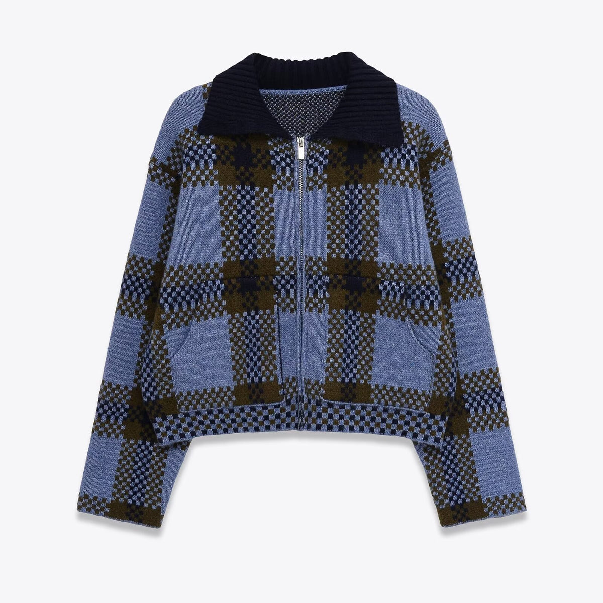 Plaid knitted jacket for women | MuddyStock Originals Blue Checkered