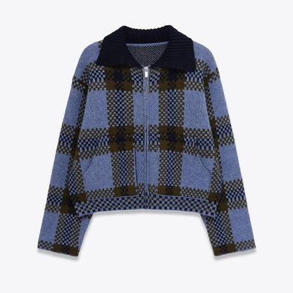 Plaid knitted jacket for women | MuddyStock Originals Blue Checkered