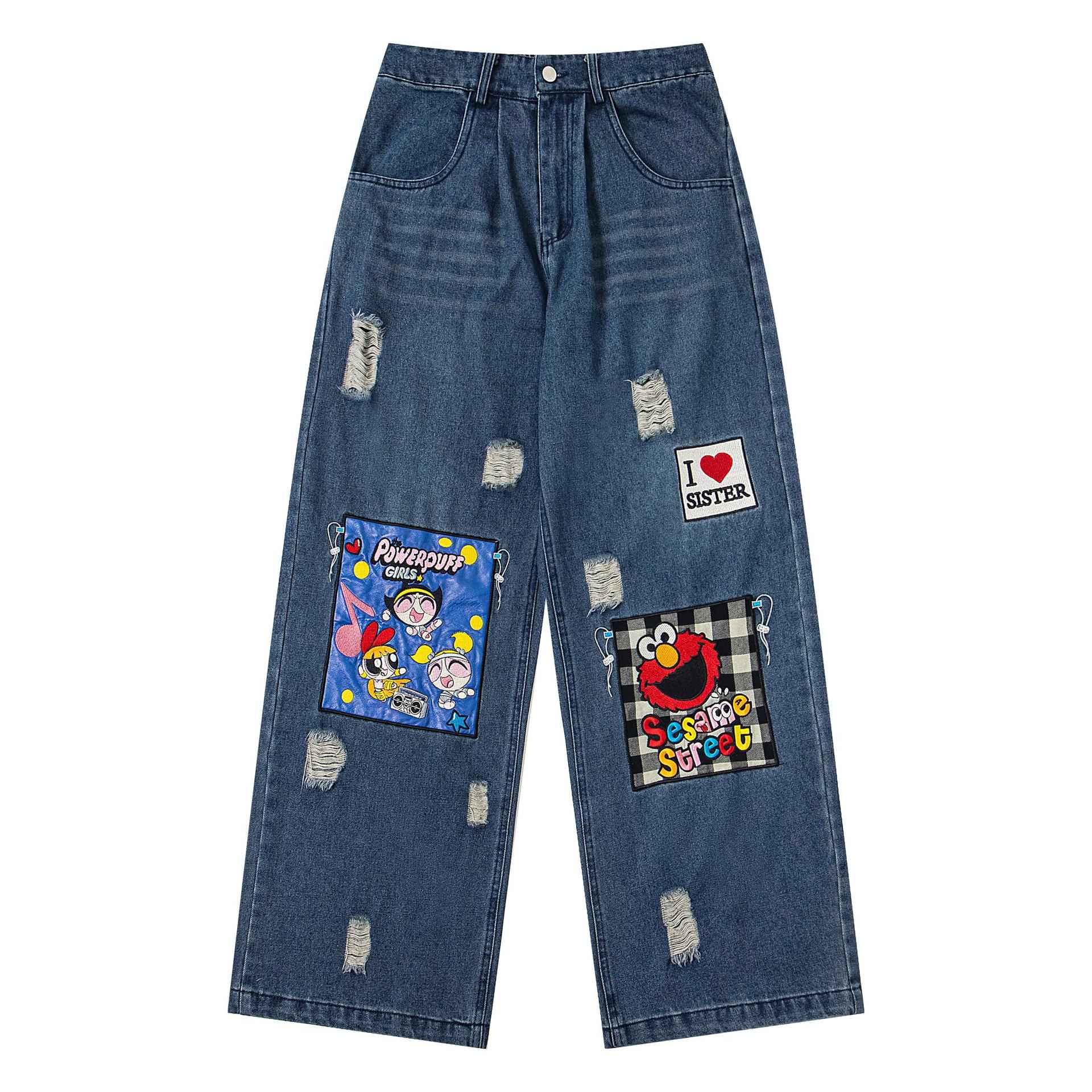Cartoon Printed worn jeans for men and women | MuddyStock Originals Blue