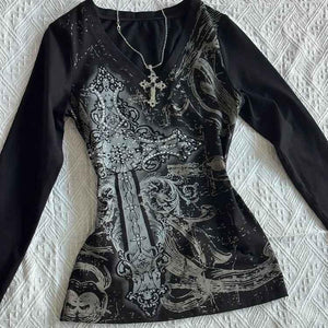 Black printed T retro V long sleeved waist slimming top for women | MuddyStock Originals Black