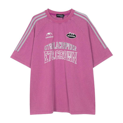 Men's Letter Embroidered Short-sleeved T-shirt Distressed Rose Red MuddyStock