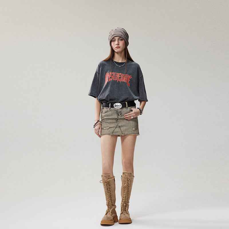 Summer Retro Worn Looking Washed-out Letter Print Short-sleeve T-shirt For Women MuddyStock