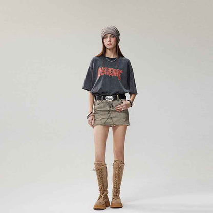 Summer Retro Worn Looking Washed-out Letter Print Short-sleeve T-shirt For Women MuddyStock