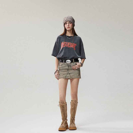 Summer Retro Worn Looking Washed-out Letter Print Short-sleeve T-shirt For Women MuddyStock