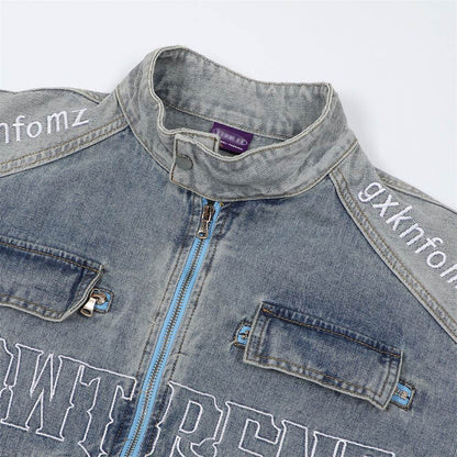 Men's Stitching Embroidered Letters Washed And Worn Zipper Denim Coat For Men And Women MuddyStock