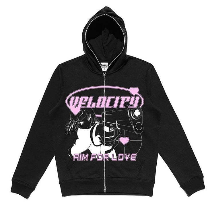 Street Hip Hop Gothic Black Zip Hoodie Women Black All Products