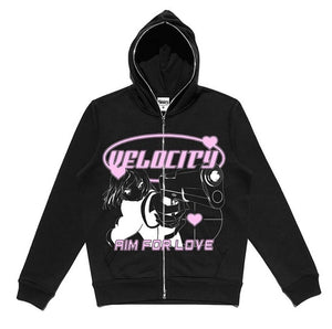 Street Hip Hop Gothic Black Zip Hoodie For Women Black All Products