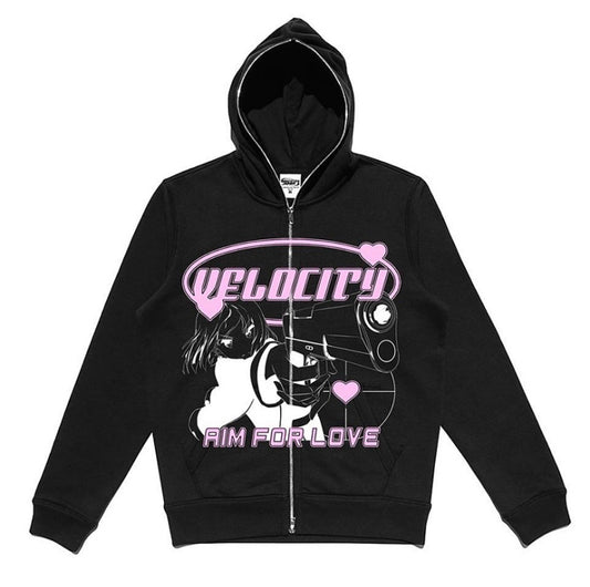 Street Hip Hop Gothic Black Zip Hoodie Women Black All Products