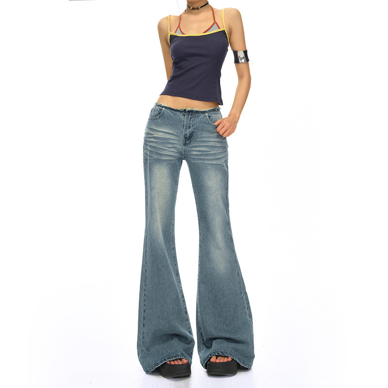 Retro Blue Low-Waist Spicy Girl Denim Pants Women Non-Thigh-Sticking Slim Fit Versatile Drape Flare Jeans