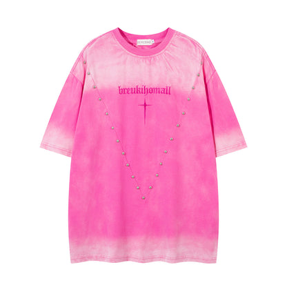 Streetwear Washed Beaded Short Sleeve T-Shirt For Men And Women | MuddyStock Originals Pink MuddyStock
