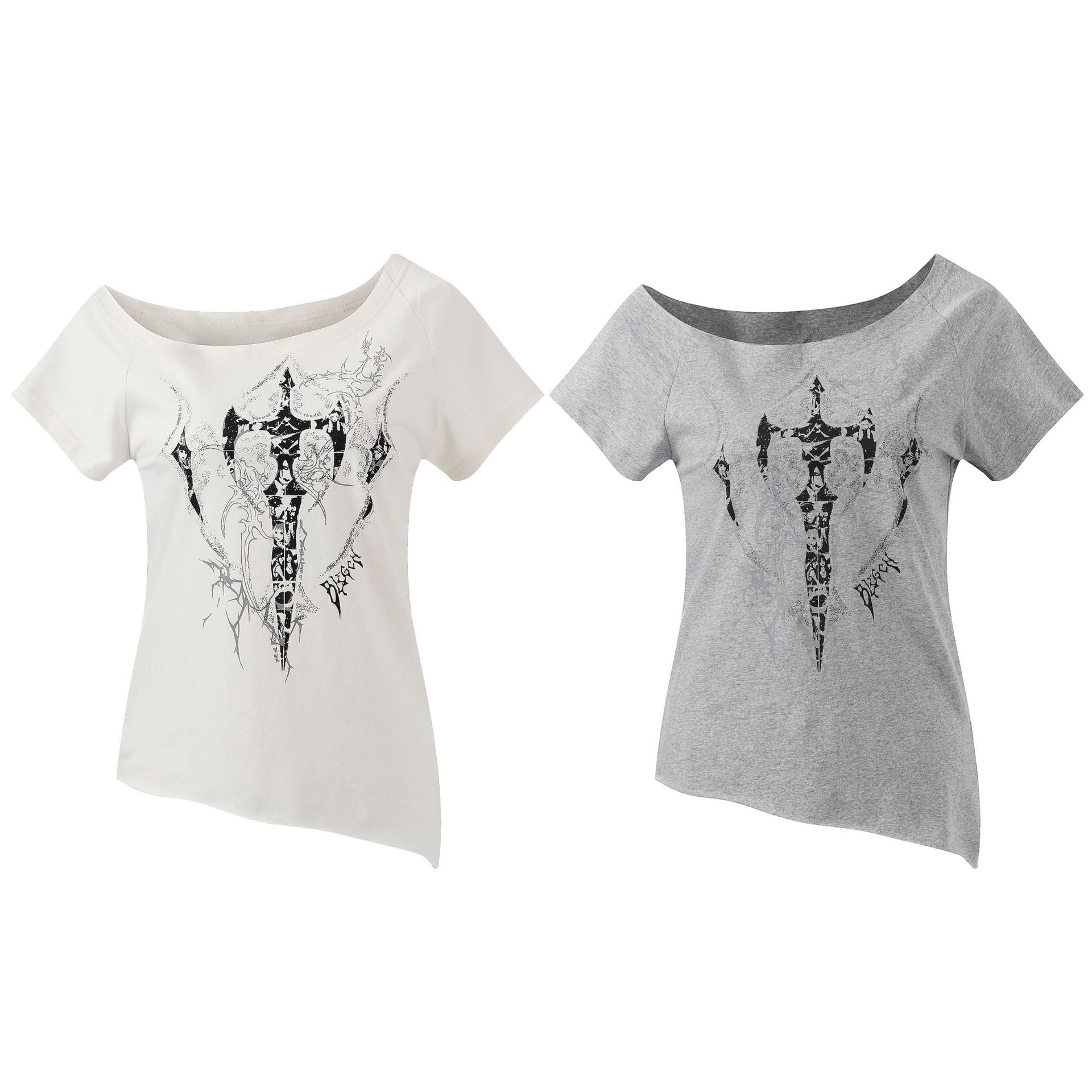 Off-Shoulder Short Sleeve T-Shirt , Cross Print Irregular Pure Seductive Style Fitted Comfortable Top