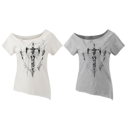 Off-Shoulder Short Sleeve T-Shirt , Cross Print Irregular Pure Seductive Style Fitted Comfortable Top
