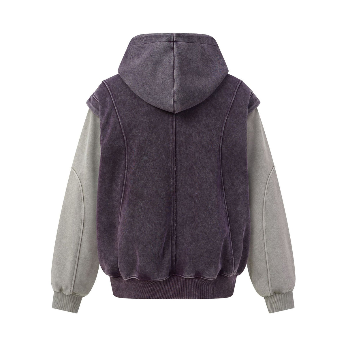 Washed Distressed Deconstructed Color Block Zip Front Hooded Loose Fit Fake Two-Piece Spliced Men's Jacket