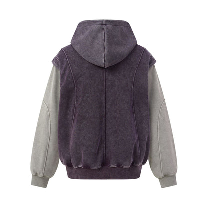 Washed Distressed Deconstructed Color Block Zip Front Hooded Loose Fit Fake Two-Piece Spliced Men's Jacket