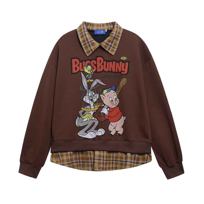 Retro Cartoon Print Patchwork Fake Two-Piece Polo Neck Sweatshirt For Men And Women | MuddyStock Originals Brown MuddyStock