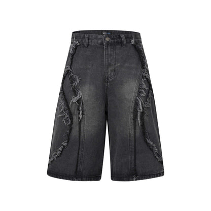 Washed Distressed Patchwork Cat Whisker Denim Shorts Unisex Loose Wide Leg Five-Point Pants Black