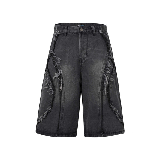 Washed Distressed Patchwork Cat Whisker Denim Shorts Unisex Loose Wide Leg Five-Point Pants Black