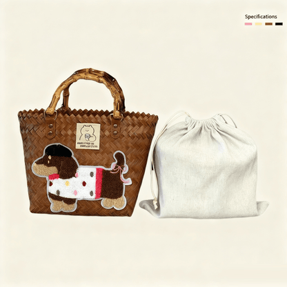 Large capacity sausage dog hand woven cabbage basket bag Bamboo Texture - Vintage Brown Lady Dog (with lining)