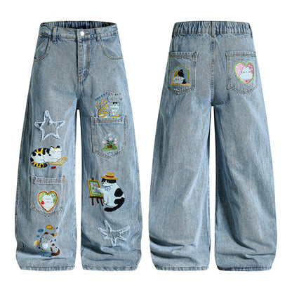 Retro Cartoon Embroidery Denim Pants, Unisex Streetwear Loose Fit Couple Casual Versatile Wide Leg Long Pants