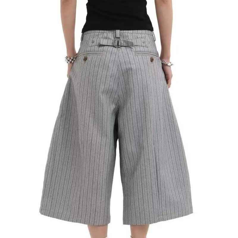 Gray Suit Shorts for Men, Retro Loose Casual Striped Seven-Quarter Pants