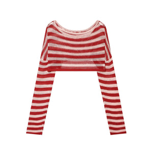 Long sleeved striped short knit top for women | MuddyStock Originals red
