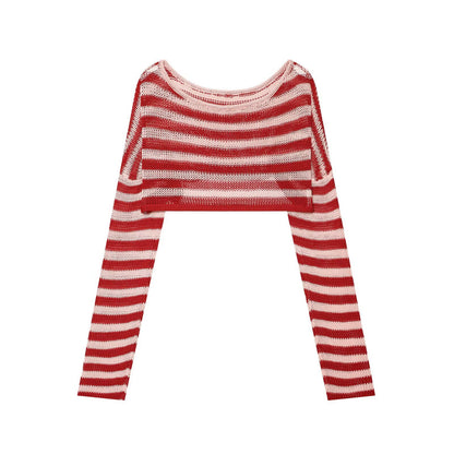 Long sleeved striped short knit top for women | MuddyStock Originals red