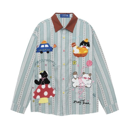 Color-Blocking Checkered Long Sleeve Shirt Men Loose Green
