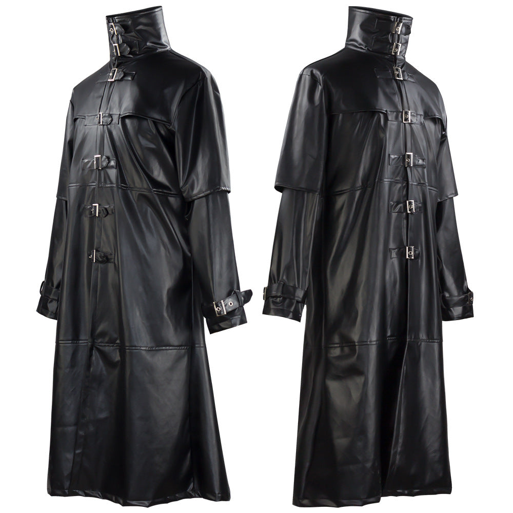 Medieval Retro Fitted Button-Down Long PU Leather Jacket for Men For Halloween