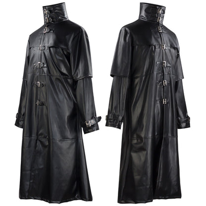 Medieval Retro Fitted Button-Down Long PU Leather Jacket for Men For Halloween