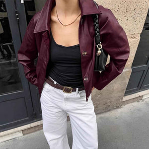 Collar PU leather jacket for women | MuddyStock Originals Burgundy