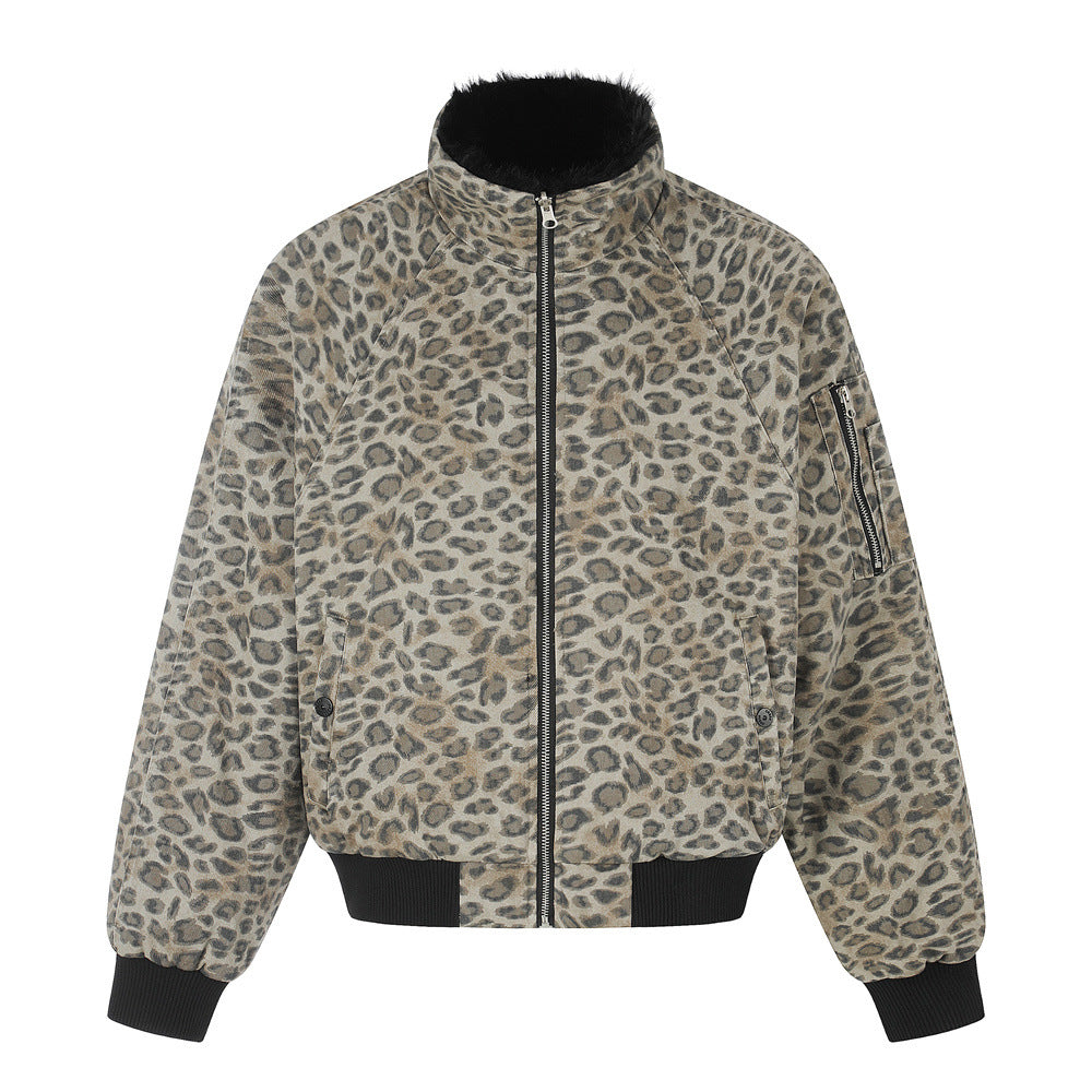 Punk Street Style Reversible Faux Fur Stand Collar Loose Fit Men's Leopard Print Winter Cotton Coat Black leopard print