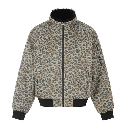 Punk Street Style Reversible Faux Fur Stand Collar Loose Fit Men's Leopard Print Winter Cotton Coat Black leopard print