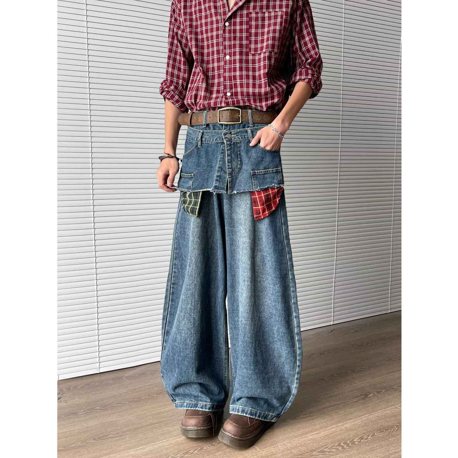 Retro fake two-piece checkered patchwork jeans for men | MuddyStock Originals MuddyStock