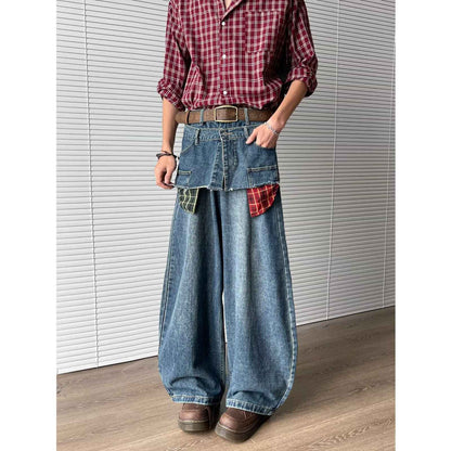 Retro fake two-piece checkered patchwork jeans for men | MuddyStock Originals MuddyStock