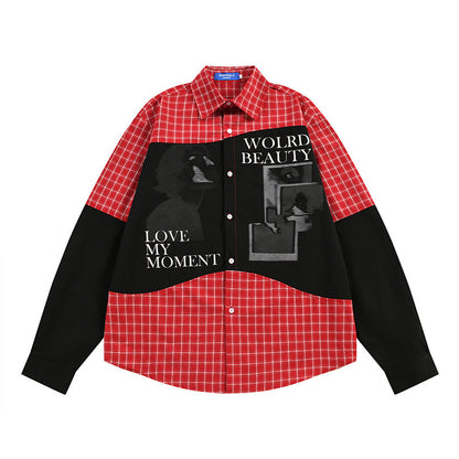 Men's Loose Hip Hop Style Color Block Irregular Plaid Long Sleeve Shirt Red