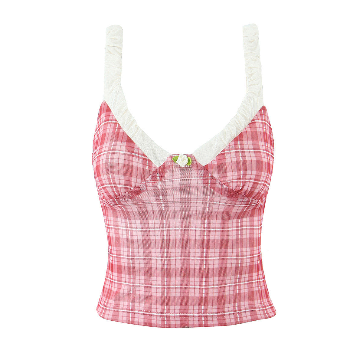 Pink plaid patchwork V-neck small tank top for women+high waisted slim fit sexy shorts two-piece set